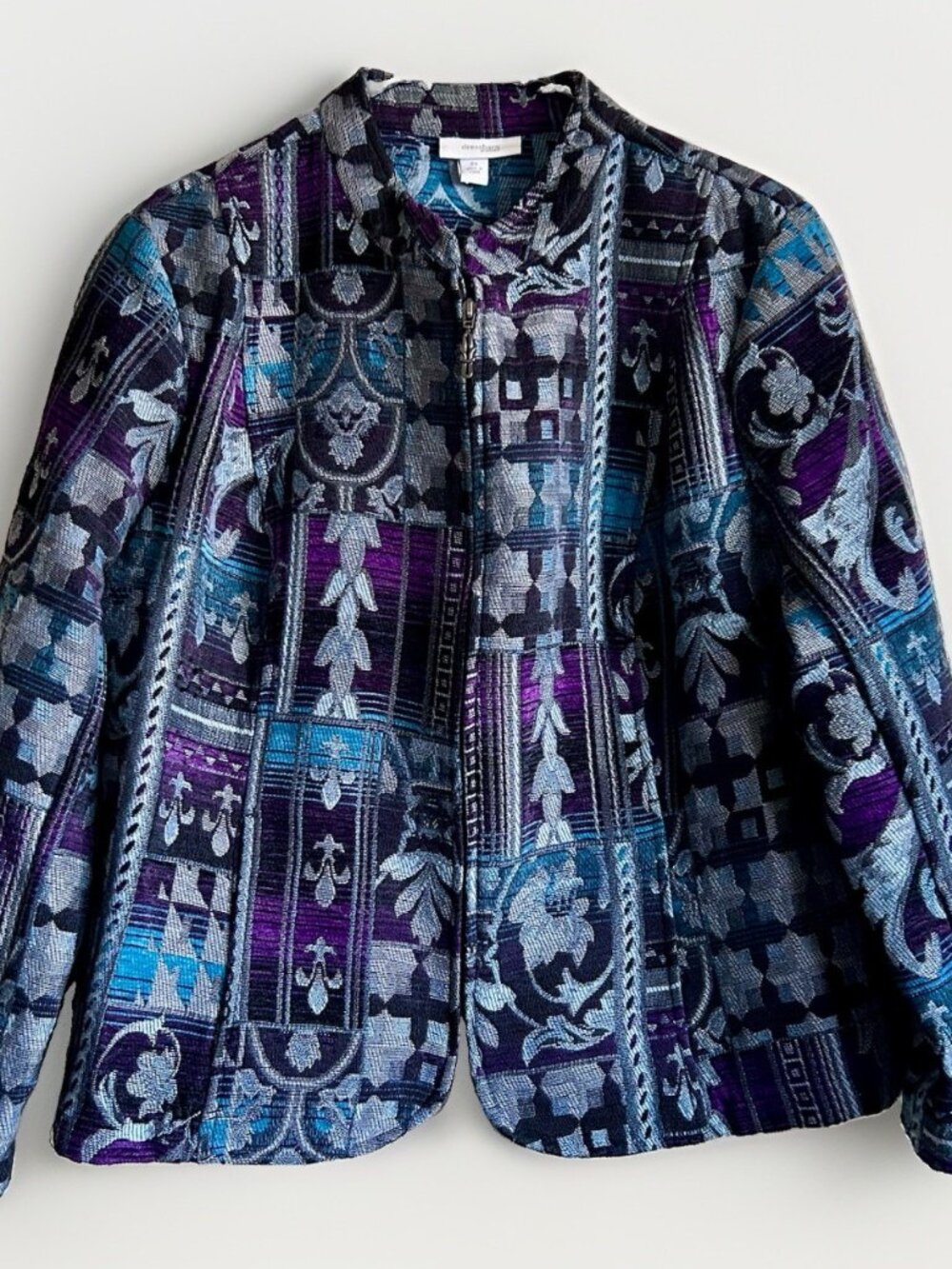 VTG Dressbarn Woman Tapestry Jacket 2X Purple Blue Woven Patchwork Zip Blazer